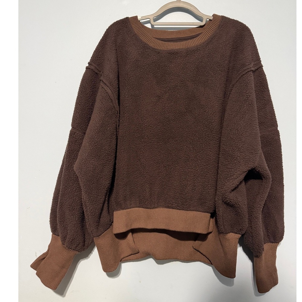We The Free People Large Brown Faux Fur Fleece Sweatshirt Ribbed Trim 1683